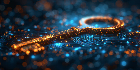 Key in blue technology background. Digital security and data protection concept.  