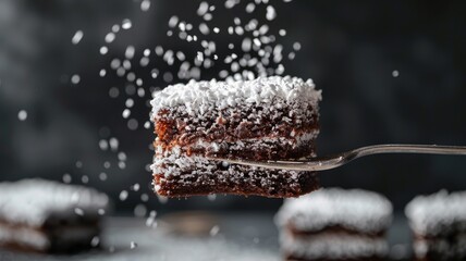 Wall Mural - Close-up of chocolate cake square with powdered sugar dusting