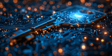 Key in blue technology background. Digital security and data protection concept.  