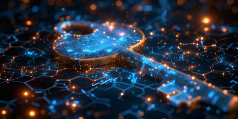 Key in blue technology background. Digital security and data protection concept.  