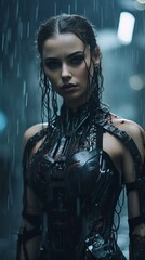 Wall Mural - a woman in a cyber suit standing in the rain