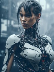 Sticker - a woman in a futuristic suit standing in the rain