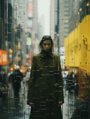 Sticker - a woman in a green coat standing in the middle of a city street