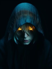 a woman in a hoodie with glowing eyes