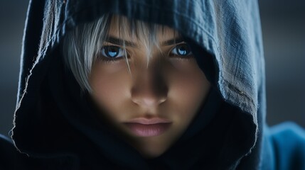 a woman in a hoodie with blue eyes