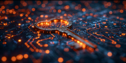 Abstract cyber security concept with key and binary code.  