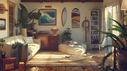 Wall Mural - A cozy living room with a surfboard and a paddle, capturing the essence of a summer day