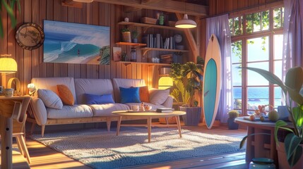 Wall Mural - A cozy living room with a surfboard and a paddle, capturing the essence of a summer day