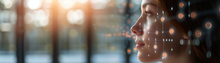 Wall Mural - Abstract image of a woman with digital data overlay, symbolizing technology, AI, and future innovation with a blurred background.