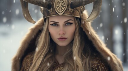 a woman in a viking costume with horns on her head