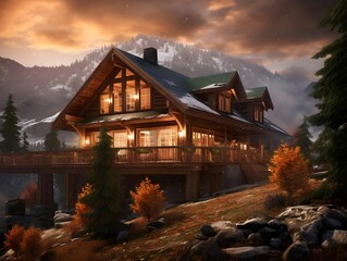 Poster - Chalet in the mountains at sunset. 3D rendering.