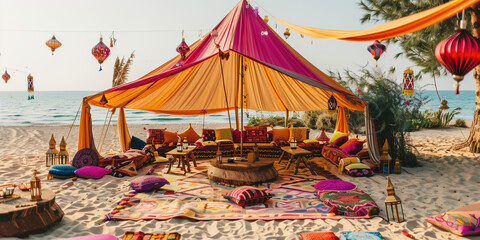 Wall Mural - Romantic tent on the beach with comfortable and colorful pillows rug and decoration