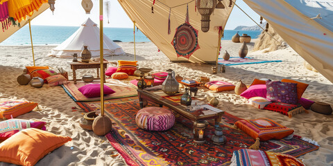 Wall Mural - Romantic tent on the beach with comfortable and colorful pillows rug and decoration