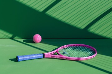 Innovative pink tennis racket and blue ball on green court under daylight with shadow, side view