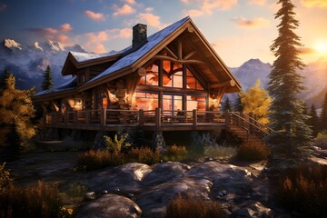 Wall Mural - wooden cottage in the mountains at sunset, panoramic view