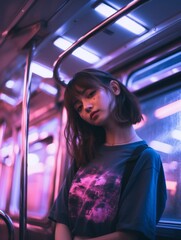 Sticker - a woman sitting on a subway train with neon lights