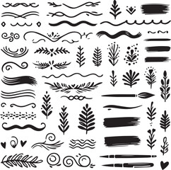 Wall Mural - Vector hand drawn brush underline silhouette element set for accent, Sketch hand drawn spring floral plant, nature graphic leaf, scribble grunge brush texture. Vector simple flower, leaf brush stroke,