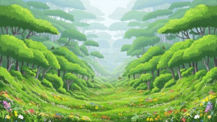 Design a never-ending nature background with multiple layers for a 2D game, depicting a spring forest with detailed trees and blooming flowers