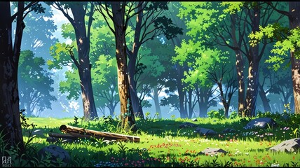 Design a never-ending nature background with multiple layers for a 2D game, depicting a spring forest with detailed trees and blooming flowers