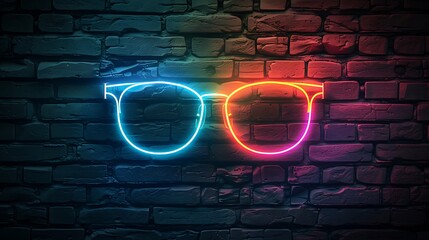 Glasses sign with glowing neon colorful lighting on black brick wall