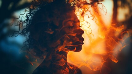 Wall Mural - a woman with curly hair and fire in the background