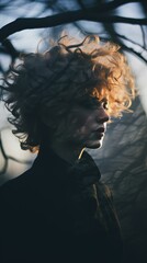 Poster - a woman with curly hair standing in front of a tree