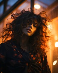 Poster - a woman with curly hair standing in front of a window