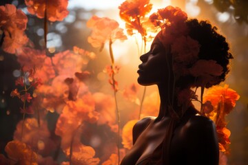 Poster - a woman with flowers in her hair stands in front of the sun