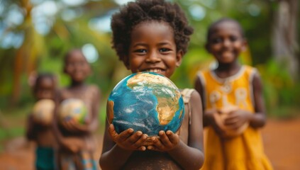 International day of peace concept with African Children holding earth globe. Group of African children holding planet earth over blurry nature background with copy space
