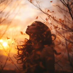 Poster - a woman with long hair and leaves blowing in the wind at sunset