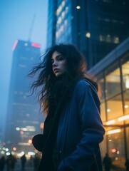 Wall Mural - a woman with long hair in the city at night