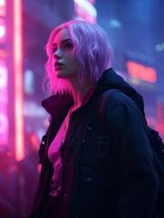 Sticker - a woman with pink hair standing in front of neon lights