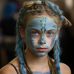 Wall Mural - a young girl with blue face paint and braids