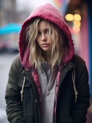 Sticker - a young woman in a hooded jacket standing on the street