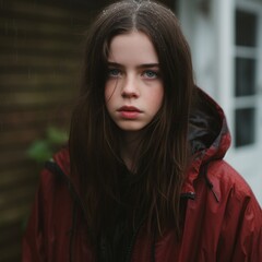 Sticker - a young woman in a red jacket standing in the rain