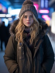 Sticker - a young woman in a winter coat standing in an airport