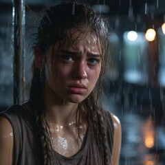 Poster - a young woman is crying in the rain