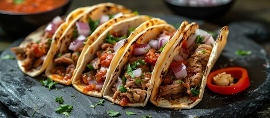 Wall Mural - Close-up of Delicious Mexican Tacos with Toppings