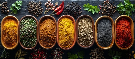 Poster - Assortment of Spices in Bowls on a Black Surface