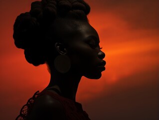 Poster - an african woman is silhouetted against an orange sky