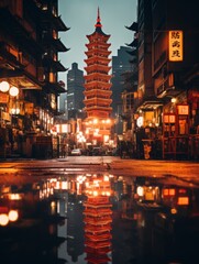 Sticker - an asian pagoda is reflected in a puddle in the middle of a city street