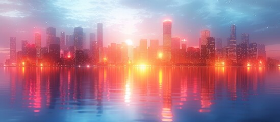 Wall Mural - Vibrant Sunset Cityscape with Reflective Urban Skyline