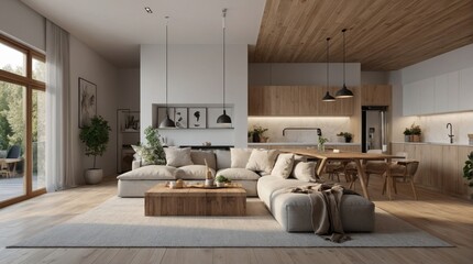 Wall Mural - Beautiful modern living room with wood