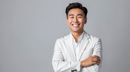 Wall Mural - Asian male executive with beatiful hair She smiled brightly and confidently stood with her arms crossed. She wore a white suit. and stand to take pictures with a gray scene - generative ai