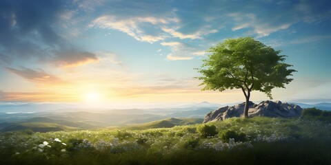 Wall Mural - Panoramic view of a tree on a hillside at sunset