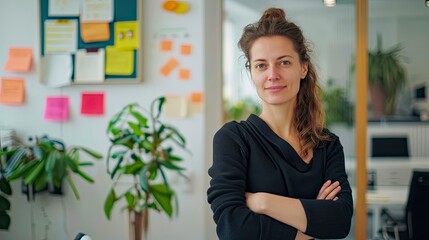 Business, woman and confident for portrait in office with ideas, planning and information of startup company. Male person, pride and arms crossed for solution, brainstorming - generative ai