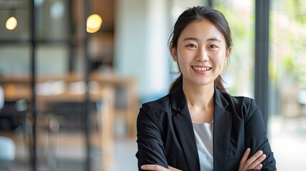 Wall Mural - Confident young Asian business woman sitting with arms crossed smiling looking at camera in the office - generative ai