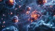 © Putt_Sanplee - A swarm of microscopic nanobots meticulously examining a single human cell, their tiny lights illuminating its intricate structures.