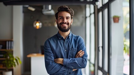 Wall Mural - Portrait of young smiling man looking at camera with crossed arms. Happy man standing in creative office. Successful businessman standing in office with copy space - generative ai