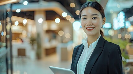 Wall Mural - Happy young Asian saleswoman looking at camera welcoming client. Smiling woman executive manager, secretary offering professional business services holding digital tablet . Portrait - generative ai